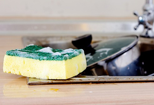 Miếng rửa bát: Miếng bông rửa bát chính là vật bẩn nhất trong nhà bạn. Bởi nó ướt, có tính thấm hút, và bạn dùng nó để chà bát đĩa bẩn thường xuyên. Bạn nên thay miếng rửa bát khi nó bắt đầu bốc mùi.