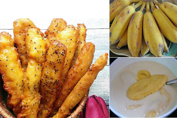 Chiếc bánh chuối phiên bản này to, dài tầm 20cm và phồng nhiều hơn so với bánh ở Hà Nội. Lớp bột bên ngoài vàng đều, giòn rụm và có hương vị khác biệt. Hương vị của bánh được cảm nhận chủ yếu nằm ở phần bột chiên phồng và những hạt vừng bên ngoài. Hiện, kiểu bánh chuối dài này cũng được bán nhiều ở đường phố Hà Nội.