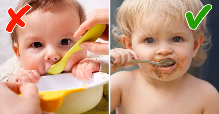 Thời gian xúc thìa cho bé quá lâu: Việc bón cho trẻ ăn kéo dài có hại cho sức khỏe và sự phát triển toàn diện của trẻ. Vì vậy, các phương pháp ăn dặm cho phép trẻ tự ăn ngày càng được quan tâm. Những đứa trẻ được bố mẹ xúc cho ăn kéo dài dễ bị thừa cân, khó ăn hơn khi chúng lớn lên.