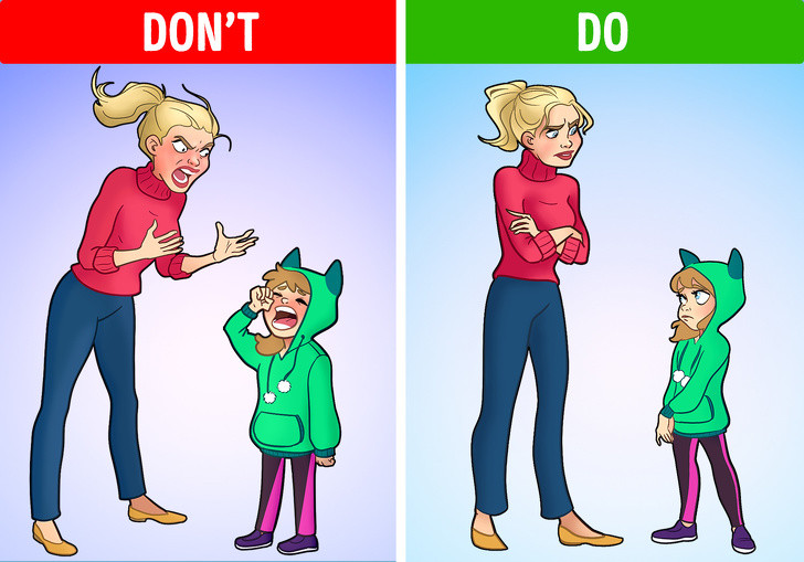 Đánh đòn hoặc hù dọa trẻ: Nổi giận hoặc nổi tiếng với con không bao giờ là giải pháp đúng đắn. Trong thực tế, nếu làm như vậy, bạn chỉ làm các vấn đề khác phát sinh thôi. Theo các chuyên gia tâm lý, bạn càng la mắng trẻ, chúng càng không nghe lời bạn. Hãy nói chuyện, thủ thỉ với con như những người bạn, con có thể hiểu được tất cả điều bạn nói. Ảnh: BS. Video "Xót xa bé 13 tuổi chăm con hai tháng tuổi". Nguồn: VTC.