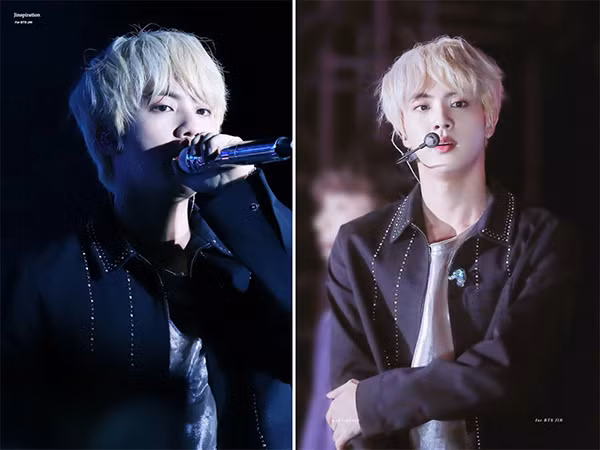 Một lần khác Jin gây ấn tượng khi nhuộm cả đầu màu bạch kim cực sang.