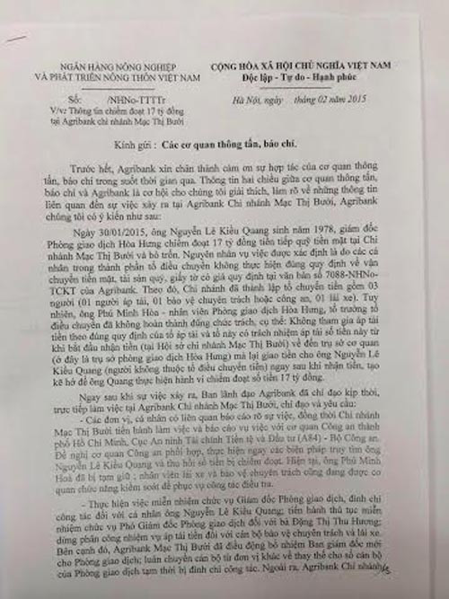 Lãnh đạo Agribank vừa có thông tin chính thức liên quan đến vụ việc Giám đốc PGD Hòa Hưng bỏ trốn cùng số tiền tiếp quỷ 17 tỷ đồng xảy ra tại Agribank Chi nhánh Mạc Thị Bưởi.