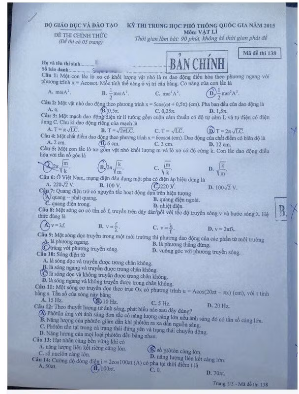 De thi THPT quoc gia mon Vat ly nam 2015 ma de 138 va dap an