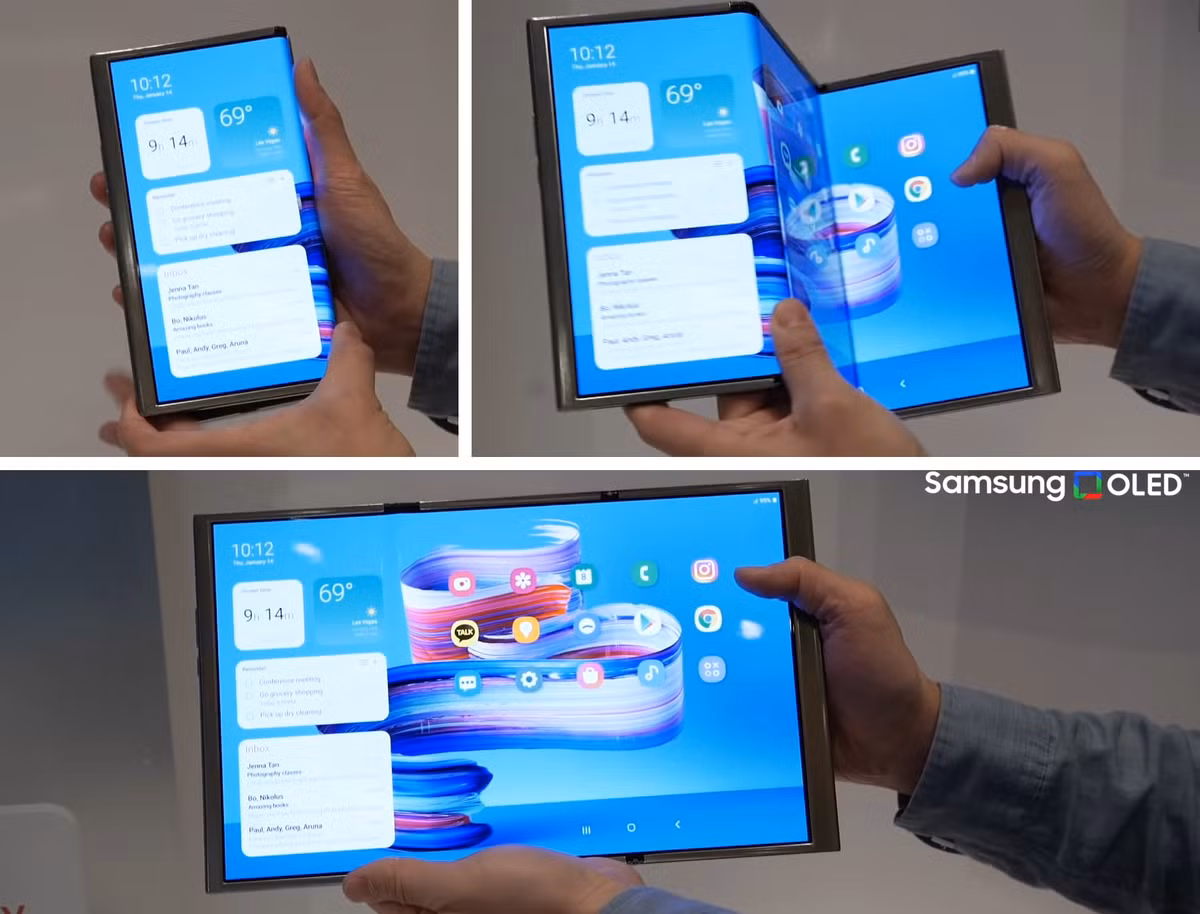 Samsung Galaxy Flex - Mặc dù dẫn đầu về công nghệ màn hình, thậm chí đã trình diễn nguyên mẫu G-Flex từ nhiều năm trước nhưng Samsung vẫn chậm chân khi Huawei ra mắt Mate XT trước. Người dùng trên các diễn đàn được khảo sát họ rất mong chờ nhất flagship đa dụng này. Ảnh: CES 
