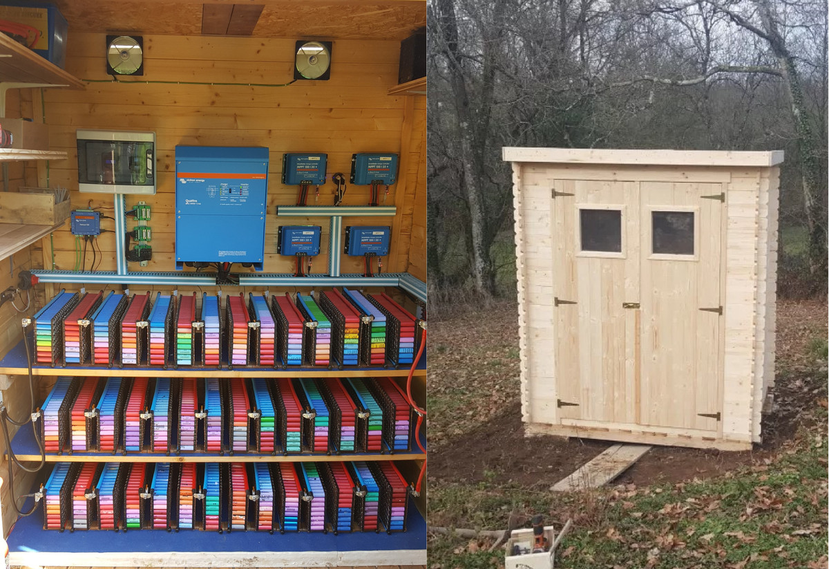 Theo như bức ảnh cuối cùng bên trong cái chòi gỗ mà Glubox xây dựng, anh đã thu thập hơn 3.300 cell pin Lithium quy cách 18650 và bố trí chúng thành 42 bộ như trên hình.