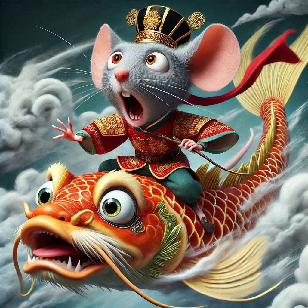 Tạo ảnh bằng AI đang dần trở nên phổ biến, thu hút sự quan tâm của nhiều người. Táo quân tuổi Tý biểu cảm đầy hào hứng như lần đầu tiên sắm vai "ông Công". Đường đến Thiên Cung như một trải nghiệm đầy choáng ngợp. Ảnh: AI Creat by F/tuanpm69