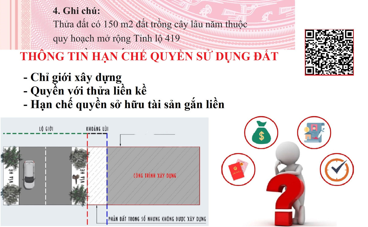 Thứ năm, mã QR thể hiện thông tin về ghi chú và nội dung thay đổi. Nội dung và hình thức trình bày thể hiện tại Điều 40 Thông tư 10. Ngoài ra còn có thông tin về hạn chế quyền sử dụng đất, về quyền đối với thửa đất liền kề của thửa đất quy định tại các khoản 7, khoản 11, khoản 12 Điều 8 Thông tư 10 (nếu có) hạn chế quyền sở hữu tài sản gắn liền với đất quy định tại khoản 6 Điều 10 Thông tư 10 (nếu có).