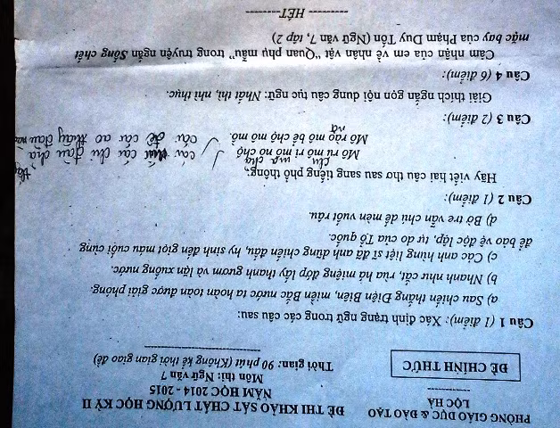 Đề thi khảo sát môn Ngữ văn dành cho học sinh lớp 7 năm học 2014 - 2015 trên toàn huyện Lộc Hà, tỉnh Hà Tĩnh.