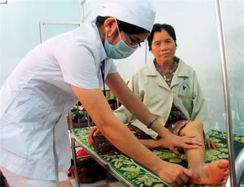 Tháng 12/2014, bà Võ Thị Tẻ (69 tuổi, xã Cát Hưng, huyện Phù Cát, Bình Định) được đưa đến Bệnh viện đa khoa tỉnh trong tình trạng chân trái sưng phù, huyết áp cao, từ vị trí vết thương lên đến giữa đùi bị xuất huyết bầm tím.