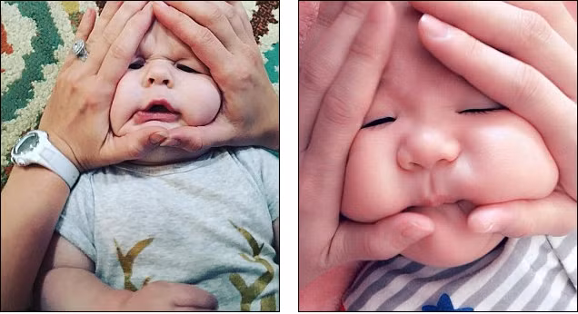 Em bé trong ảnh trên dường như rất “đau khổ” khi bị bố mang ra nghịch ngợm như nắm cơm.