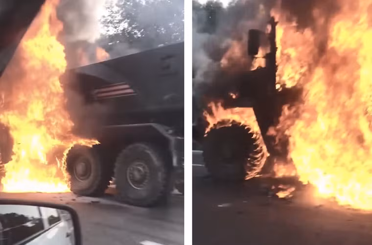 Trong góc ảnh này ta có thể thấy ngọn lửa bao chùm cả khoang chở quân lẫn cabin phía trước của Typhoon-U nhất là vị trí để thùng nhiên liệu. Rất may vụ hỏa hoạn trên không gây ra nhiều thiệt hại về người. Nguồn ảnh: LEINI-TV.