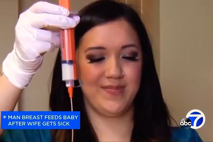 Nữ y tá Martin-Dennehy và xy-ranh trong thiết bị cho bú đặc biệt (ảnh: ABC7).