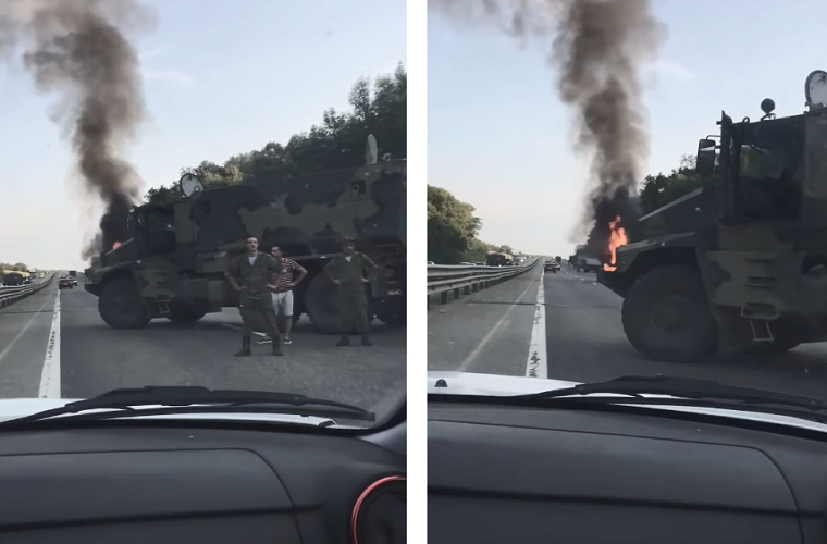 Theo những đoạn video do những người đi đường quay lại và đăng lên các trang mạng xã hội Nga cho thấy, một xe bọc thép kháng mìn Typhoon-U “Ural-63095” của Quân đội Nga bị thiêu rụi gần như hoàn toàn khi đang trên đường đến Molkino gần một thao trường quân sự được sử dụng cho các nhiệm vụ huấn luyện các đơn vị quân đội thuộc Quân khu phía Nam Nga. Thậm chí ta còn thấy bên cạnh chiếc Typhoon-U bị cháy còn có những chiếc Typhoon-U khác đang đậu gần đó. Nguồn ảnh: LEINI-TV.