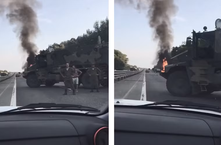 Theo những đoạn video do những người đi đường quay lại và đăng lên các trang mạng xã hội Nga cho thấy, một xe bọc thép kháng mìn Typhoon-U “Ural-63095” của Quân đội Nga bị thiêu rụi gần như hoàn toàn khi đang trên đường đến Molkino gần một thao trường quân sự được sử dụng cho các nhiệm vụ huấn luyện các đơn vị quân đội thuộc Quân khu phía Nam Nga. Thậm chí ta còn thấy bên cạnh chiếc Typhoon-U bị cháy còn có những chiếc Typhoon-U khác đang đậu gần đó. Nguồn ảnh: LEINI-TV.