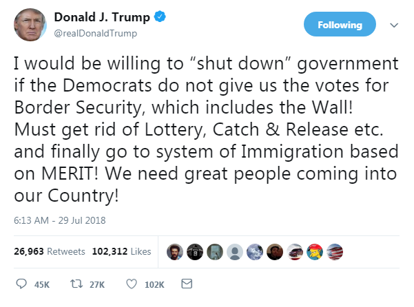 Tổng thống Trump đề xuất thay đổi luật nhập cư và muốn có phiếu bầu cho bức tường biên giới. (Ảnh chụp màn hình