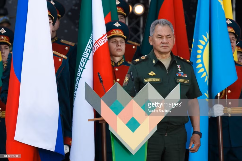 Bộ trưởng Bộ Quốc phòng Nga Sergei Shoigu phát biểu tại lễ khai mạc Army Games 2018. Nguồn ảnh: Getty Images.