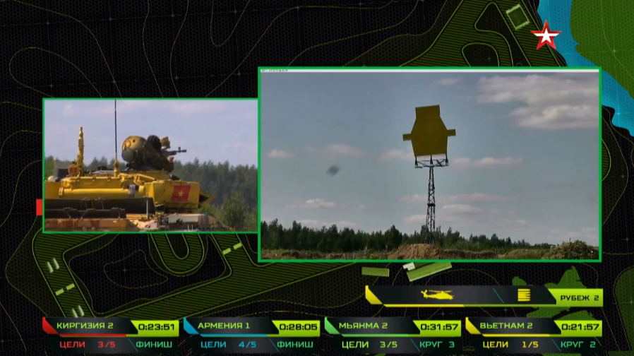 Ở phần thi bắn với súng máy 12.7mm với mục tiêu giả định là trực thăng, dường như xạ thủ 12.7mm của kíp lái số 2 bị cướp cò, đạn không trúng mục tiêu là bia giả định trực thăng địch. Nguồn ảnh: tvzvezda.ru.