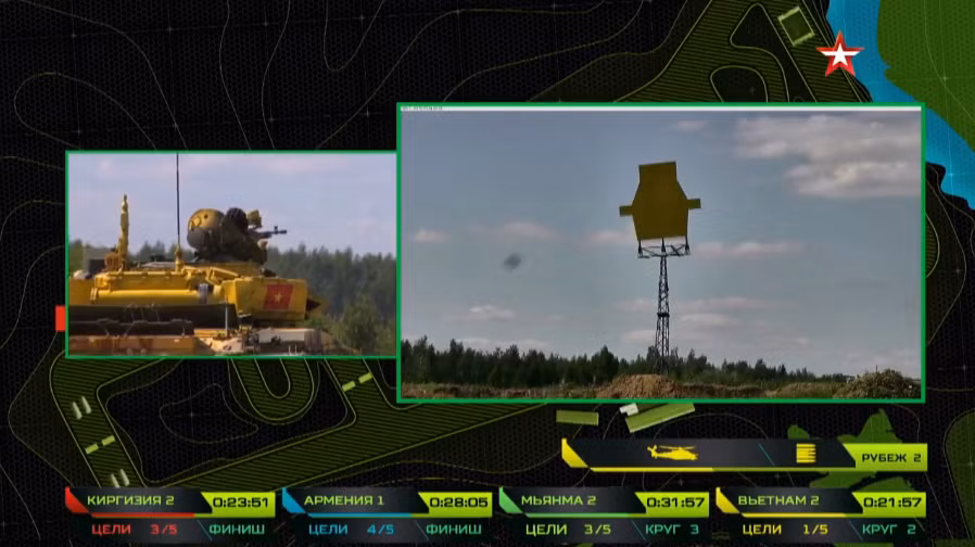 Ở phần thi bắn với súng máy 12.7mm với mục tiêu giả định là trực thăng, dường như xạ thủ 12.7mm của kíp lái số 2 bị cướp cò, đạn không trúng mục tiêu là bia giả định trực thăng địch. Nguồn ảnh: tvzvezda.ru.