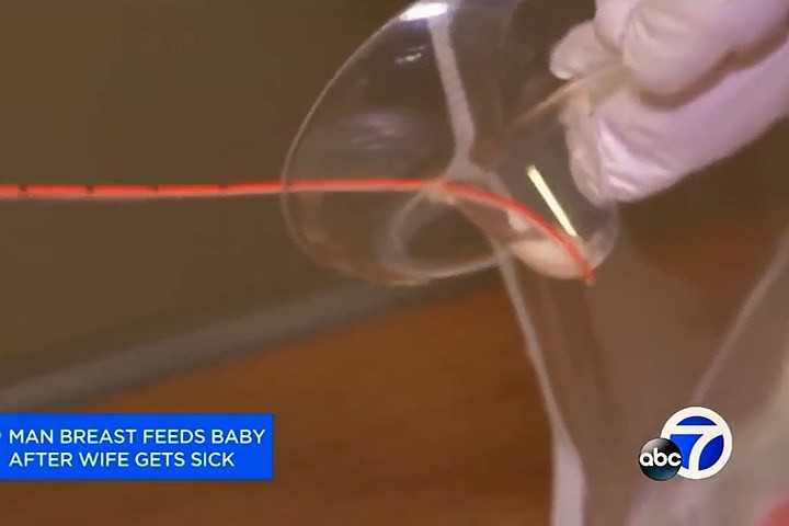 Đầu cuối của thiết bị cho bú, nơi em bé sẽ ngậm để bú. Thiết bị này vốn để hỗ trợ các người mẹ gặp khó khăn trong việc cho con bú hoặc những người mẹ nuôi (ảnh: ABC7).