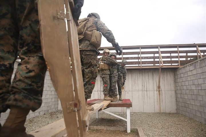 Ngoài ra, lính thủy quân lục chiến Mỹ còn được huấn luyện cùng nhau vượt chướng ngại vật...