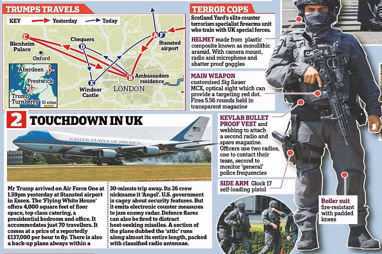 Cũng theo mô tả của Daily Mail lực lượng này được trang bị tới tận chân răng và tất cả đều đeo mặt nạ chùm kín mặt. Họ di chuyển cùng đoàn xe của Tổng thống Mỹ sau khi ông này lên trực thăng Marine One di chuyển vào trung tâm London. Nguồn ảnh: Daily Mail.