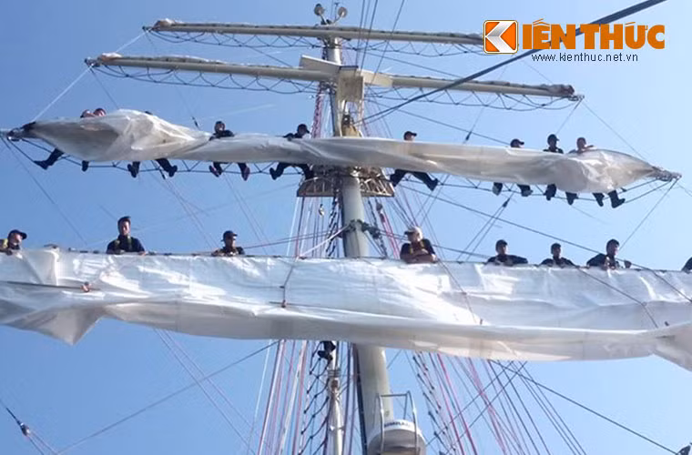 Các thủy thủ Việt Nam còn phải thao tác trên cột buồm với độ cao chót vót lên tới 40m.