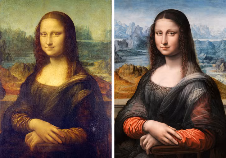 7. Ngoại hình Mona Lisa từng trông rất khác: Vì bức tranh trong bảo tàng dưới ánh sáng tự nhiên đã bị phai màu. Một bản sao chép bức tranh được tạo ra cùng thời với bức gốc bởi học sinh của Leonardo da Vinci được giữ dưới hầm và nguyên màu cho thấy hình dáng nàng Mona Lisa có những sự khác biệt.