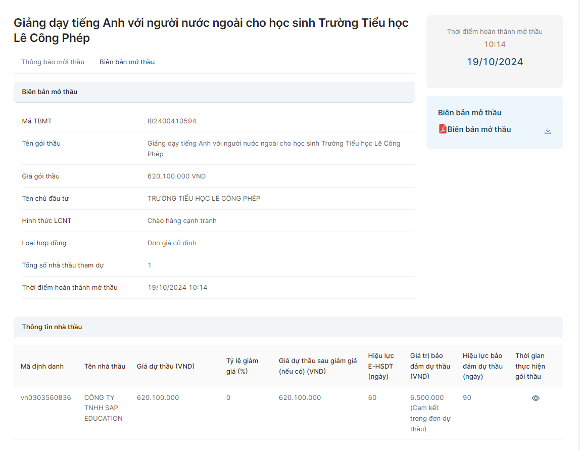 TP HCM: 1 nha thau du goi day tieng anh truong tieu hoc Le Cong Phep