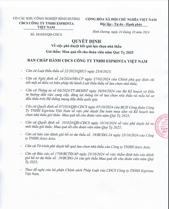 Binh Duong: Cty Loi Anh Phat se chuan bi 6200 phan qua Tet cho Esprinta Viet Nam