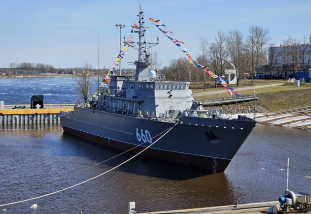 Tàu quét mìn Dự án 12700 Alexandrit Lev Chernavin được đóng tại Nhà máy đóng tàu Sredne-Nevsky ở St. Petersburg theo hợp đồng với Hải quân Nga để hỗ trợ các biện pháp chống mìn hoặc kết hợp với những biện pháp và phương tiện đối phó khác ở vùng ven biển. Ảnh: VPK.