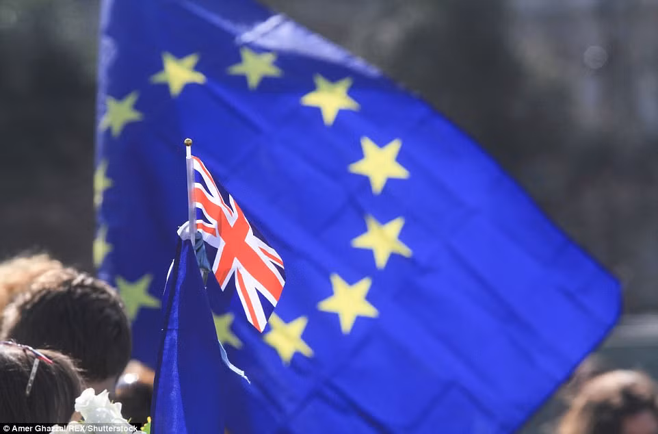 Lá cờ Liên Hiệp Anh và Liên minh châu Âu hiện diện trong cuộc biểu tình ngày 25/3. Ảnh Daily Mail