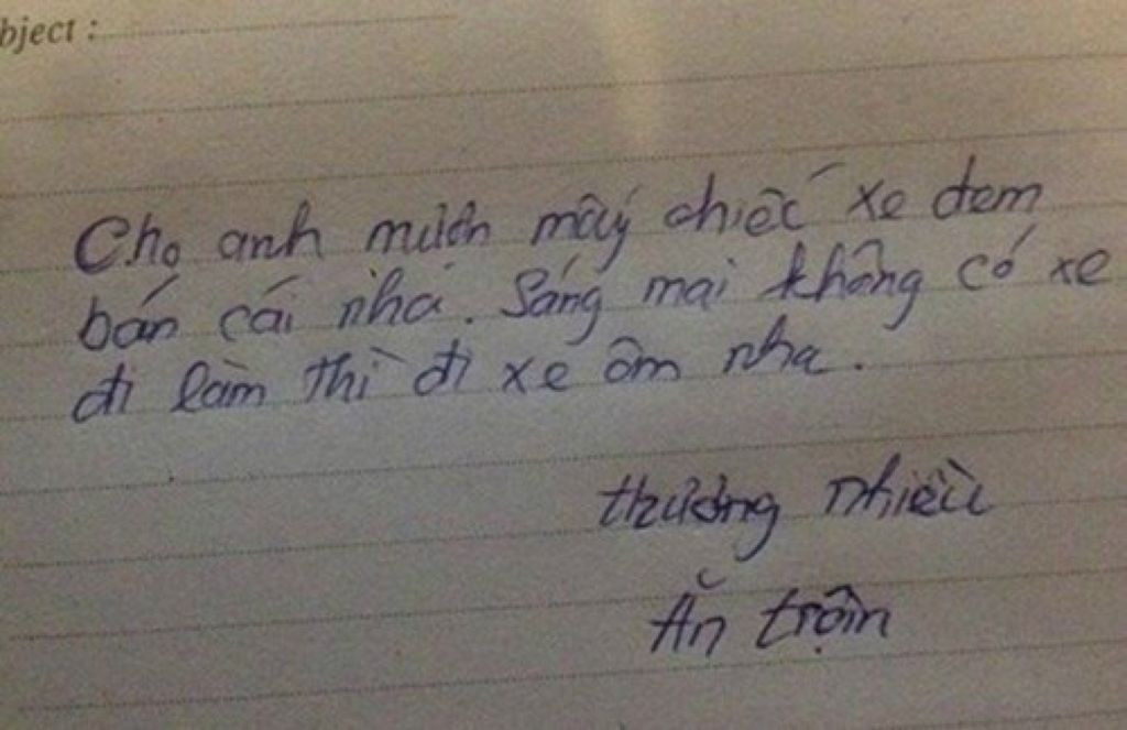 Kí tên "Ăn trộm" đàng hoàng còn để lại dòng chữ "thương nhiều" và xác nhận chỉ "mượn tạm thôi" nhưng chắc vội quá quên không hẹn ngày trả lại chiếc xe.