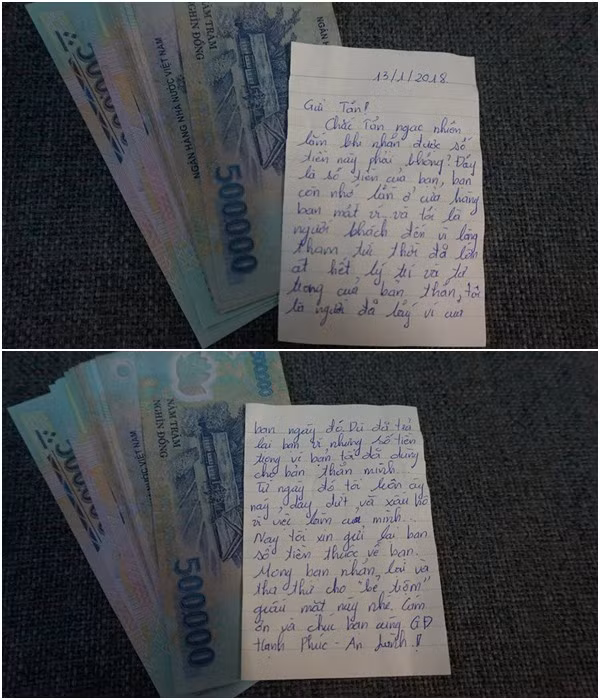 Đây là một trường hợp hy hữu xảy ra ở Việt Nam vào tháng 1/2018, anh Tân kinh doanh cửa hàng điện thoại và trong một lần sơ ý, anh đã bị trộm cuỗm mất chiếc ví bên trong gồm giấy tờ và số tiền 8 triệu đồng. Cuối cùng, 3 năm sau tên trộm đó đã gửi lại đầy đủ số tiền không thiếu một đồng cùng giấy nhắn nhủ.
