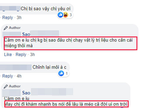Bên dưới bài đăng, cư dân mạng đã để lại bình luận hỏi thăm sức khỏe của chị Thu Sao hiện tại. Trong phần trả lời, "cô dâu 62 tuổi" tiết lộ sau khi thẩm mỹ hỏng: "May chị đi khám nhanh, bác sĩ nói để lâu là méo cả đời, ơn trời".