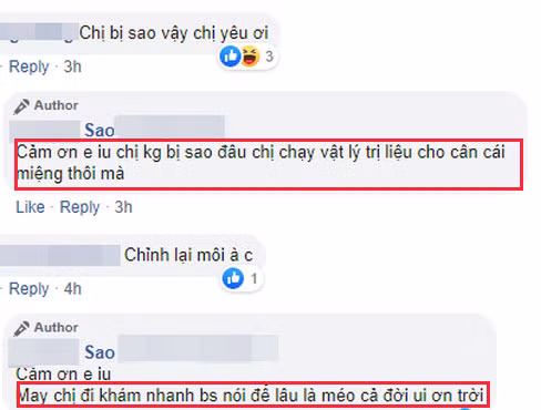 Bên dưới bài đăng, cư dân mạng đã để lại bình luận hỏi thăm sức khỏe của chị Thu Sao hiện tại. Trong phần trả lời, "cô dâu 62 tuổi" tiết lộ sau khi thẩm mỹ hỏng: "May chị đi khám nhanh, bác sĩ nói để lâu là méo cả đời, ơn trời".