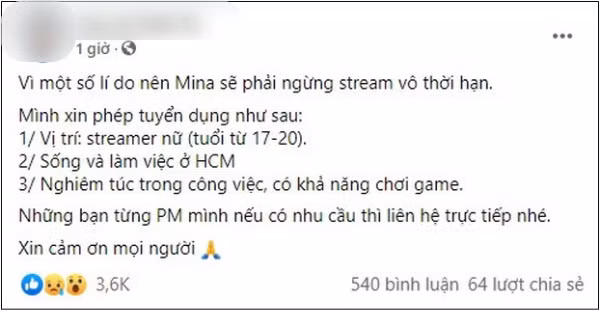 Và sau nhiều tranh cãi, trên trang cá nhân quản lý của Mina Young bất ngờ xuất hiện bài đăng thông báo về việc nữ streamer sẽ ngừng hoạt động livestream vô thời hạn, nhưng không nói rõ lý do là gì. Bên cạnh đó, vị quản lý còn đính kèm thông báo tuyển dụng nữ streamer mới của công ty.