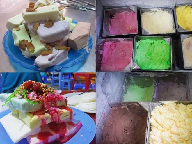 Cuối cùng thứ không thể bỏ qua chính là món kem cân. Kem cân có đủ các vị từ sữa dừa, cốm cho đến dâu, khoai môn.