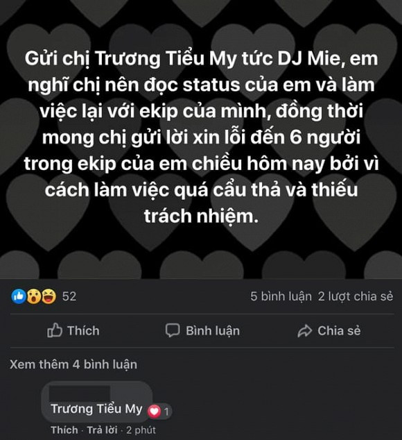 Cụ thể, một tài khoản Facebook có tên K.T đã viết: "Một em DJ đang được cho là hot nhất hiện tại liên tục 2 lần cho phóng viên của mình 'leo cây'. Một lần hẹn xong bảo 'quên lịch', và phải hẹn lại từ đầu. Hôm nay thì cho cả ê-kip 6 người chờ 1 tiếng đồng hồ rồi mới nhắn tin bảo 'bị delay, lu bu em quên không báo'. Tại sao lại có thể làm việc như thế này?".