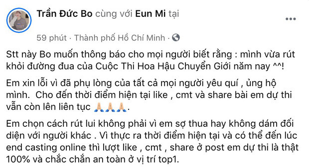 "Gây bão" chưa được bao lâu thì mới đây, Trần Đức Bo bất ngờ lên tiếng trên trang cá nhân rằng mình sẽ rút lui khỏi đường đua của cuộc thi Hoa hậu Chuyển giới.