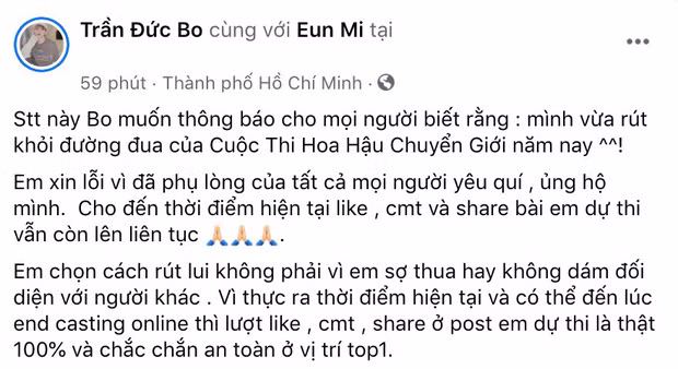 "Gây bão" chưa được bao lâu thì mới đây, Trần Đức Bo bất ngờ lên tiếng trên trang cá nhân rằng mình sẽ rút lui khỏi đường đua của cuộc thi Hoa hậu Chuyển giới.