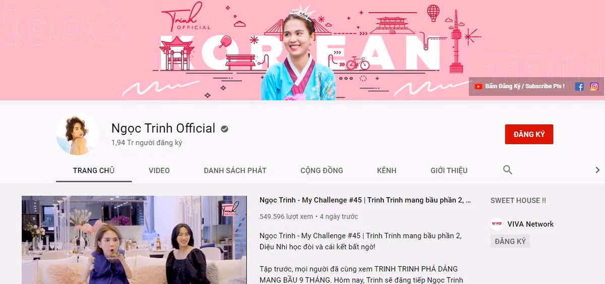 Hiện tại, riêng kênh Youtube của Ngọc Trinh đã có hơn 1,9 triệu triệu lượt theo dõi. Mỗi clip đăng tải đều cán mốc triệu view trong thời gian ngắn và liên tục có mặt trong Top trending.