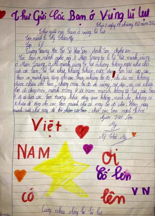 Bức thư giản dị nhưng ấm áp của một em học sinh lớp 6 gửi đến miền Trung.