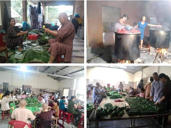 Các cô và phật tử tại chùa Trúc Lâm Bảo Sơn, ấp 6 xã Tóc Tiên, thị xã Phú Mỹ, tỉnh Bà Rịa Vũng Tàu gói hàng trăm chiếc bánh tét để ủng hộ đồng bào miền Trung.