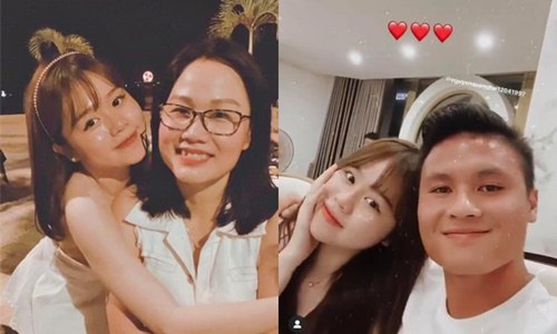 Sự xuất hiện của mẹ Huỳnh Anh tại sân Hàng Đẫy để cổ vũ cho con rể tương lai lập tức gây chú ý. Có thể thấy, đây là lần đầu tiên mẹ Huỳnh Anh ra sân cổ vụ Quang Hải lại còn gặp gỡ trực tiếp "thông gia".