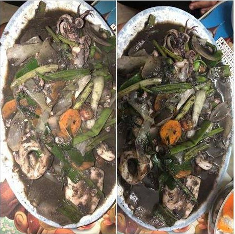 Chỉ một phút lơ đãng không bỏ túi mực ra, y rằng món ăn nhuốm một màu đen rất khó coi.