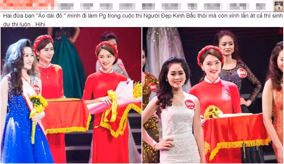 Rất nhanh chóng, những khoảnh khắc chụp cô gái xinh đẹp này được bạn bè nhận ra và chia sẻ lên mạng với dòng chú thích: "Hai đứa bạn "áo dài đỏ" mình đi là PG trong cuộc thi Người đẹp Kinh Bắc thôi mà còn xinh lấn át cả thí sinh dự thi luôn". Dòng chia sẻ này sau đó được một Fanpage Facebook có hơn 1,7 triệu thành viên đăng tải lại. Vẻ đẹp cùng ngoại hình nổi bật của cô gái mặc áo dài đỏ trong ảnh (phải) khiến cô bất ngờ nổi tiếng và trở thành "mục tiêu" truy tìm danh tính của cư dân mạng. Ảnh chụp màn hình Beat.