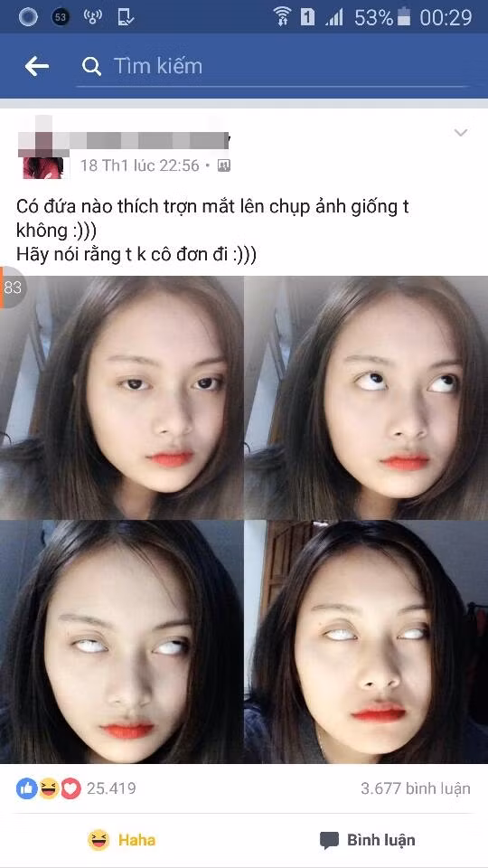 Trào lưu "rợn người" này bắt nguồn từ bức ảnh tự sướng của một cô gái xinh đẹp có tên Phan Thanh T với đôi mắt toàn lòng trắng, kèm theo dòng status: "Có đứa nào thích trợn mắt lên chụp ảnh giống T không?". Bức ảnh nhanh chóng được lan truyền trên các trang Fanpage Facebook có đông đảo thành viên tham gia.