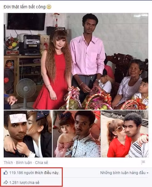 Hơn hai năm trước, hình ảnh về lễ dạm ngõ của một chàng da đen và cô vợ xinh như hot girl khiến cộng đồng mạng Việt không khỏi xôn xao, bàn tán. Bên cạnh những bình luận bày tỏ sự ngưỡng mộ trước tình yêu của hai người khi vượt qua sự khác biệt về ngoại hình và màu da, không ít dân mạng tỏ ra ghen tỵ với chàng trai không mấy nổi bật về ngoại hình nhưng lại lấy được cô vợ xinh đẹp. Một số người còn tỏ ra hoài nghi cho rằng cô gái xinh xắn đến với chàng trai còn vì mục đích khác. Ảnh: Facebook nhân vật.