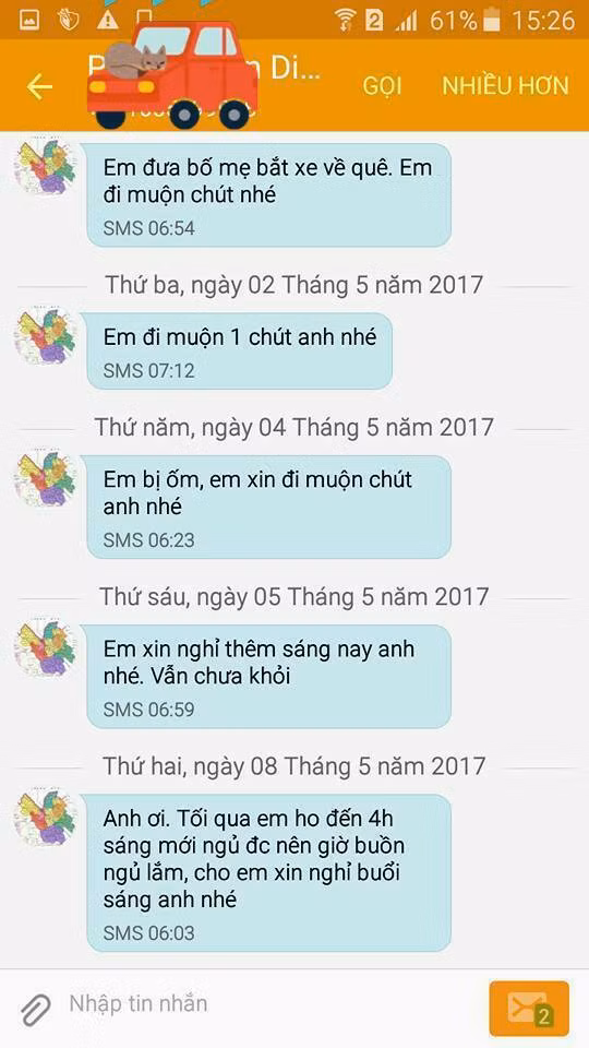 Khi thì đưa em gái ra bến, lúc lại đưa bố mẹ ra bắt xe về quê, hôm thì bị ốm, thậm chí sợ bão to thổi bay mất người... đủ mọi lý do được nhân viên đưa ra để xin sếp.