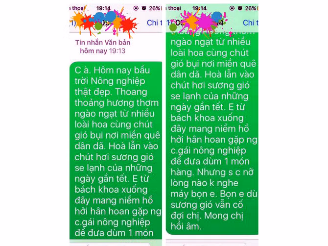 Cũng từng rơi vào tình cảnh như thế, một shipper có tên Phúc Khôi (Hà Nội) còn từng gây sốt khi soạn hẳn “tâm thư” gửi khách hàng với nội dung: “Chị à, hôm nay bầu trời nông nghiệp thật đẹp, thoang thoảng hương thơm ngào ngạt từ nhiều loài hoa cùng chút gió bụi nơi miền quê dân dã, hòa lẫn vào chút hơi sương gió lạnh của những ngày gần Tết. Em từ Bách Khoa xuống đây mang theo niềm hồ hởi, hân hoan gặp người con gái Nông Nghiệp để đưa dùm một món hàng. Nhưng sao chị lỡ lòng nào không nghe máy bọn em. Bọn em dù sương gió vẫn cố đợi chị, mong chị hồi âm”.